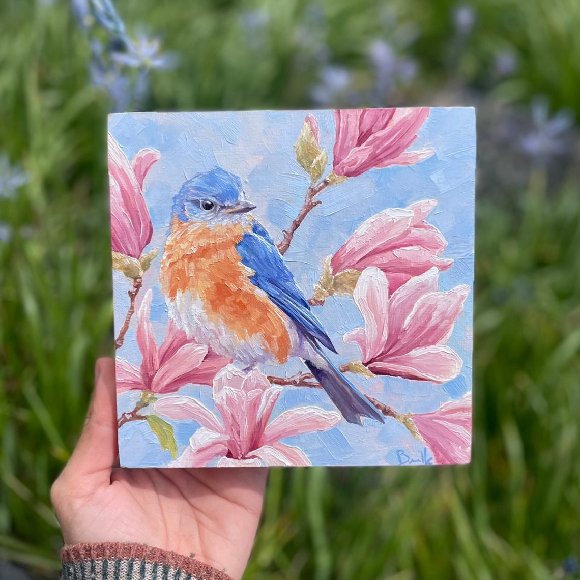 Eastern Bluebird with Magnolia Flowers